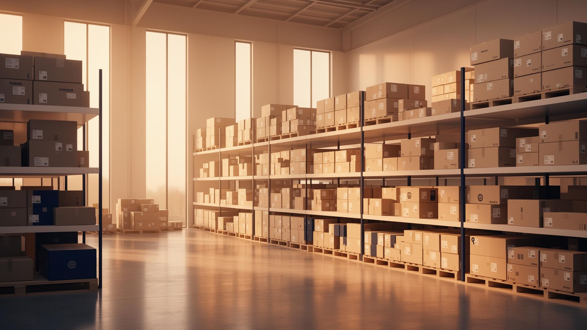 Premium logistics fulfilment center bathed in golden hour light